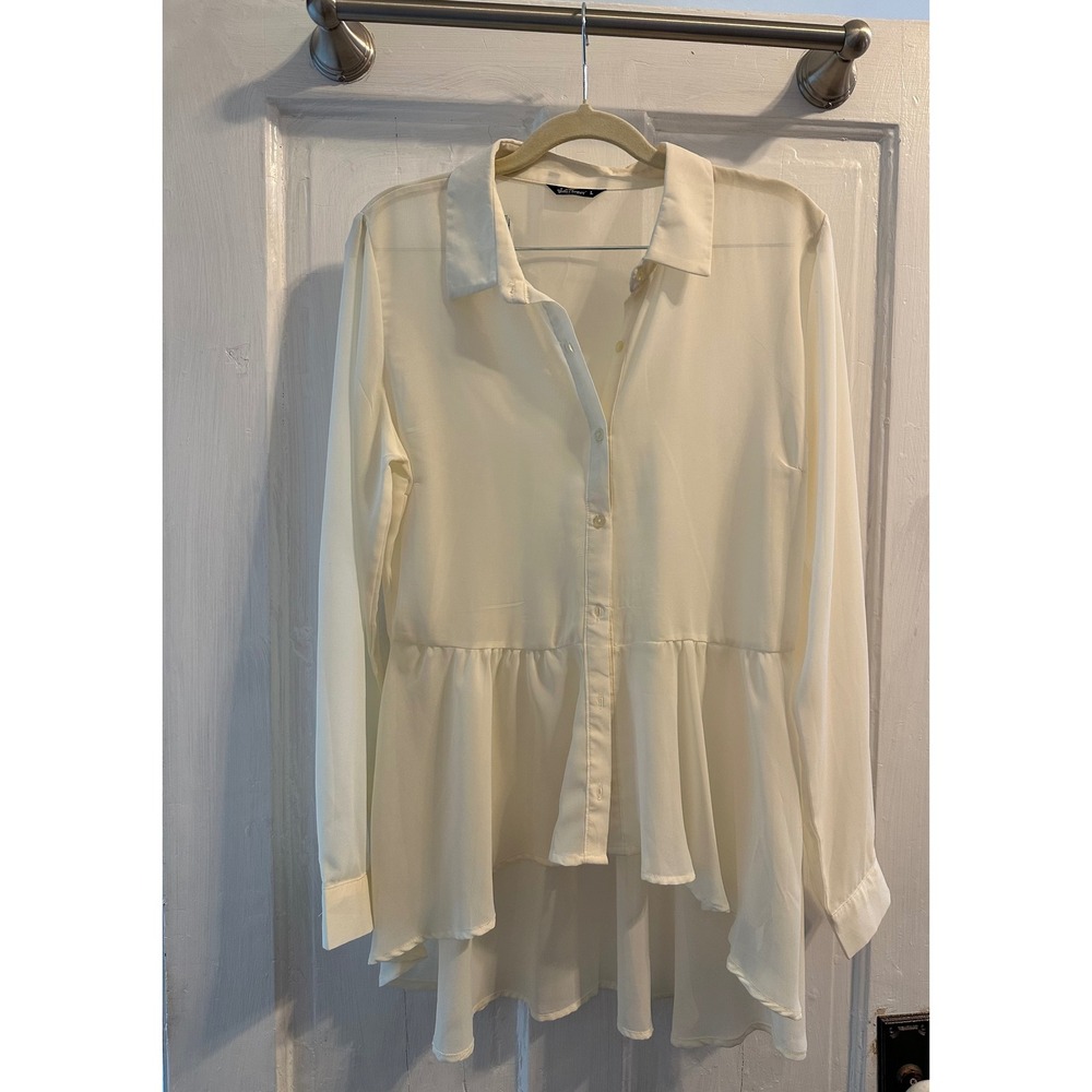 Coquette WallFlower Women'sCream Sheer Peplum High Low Button Down Blouse Large